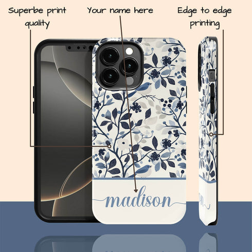 Custom Name Blue Bird & Flower iPhone Case